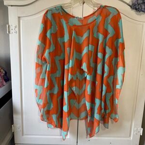 Auditions‎ Orange Teal Chevron Print Sheer Poncho Top Cape One Size
